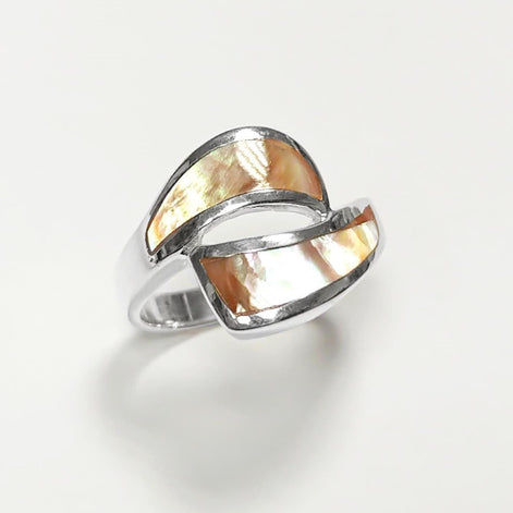 Comma Ring, Sterling Silver, GENUINE Brown Paua Shell, Bypass Popular Dainty Ring, Copper Rainbow Highlights, Geometric Jewelry