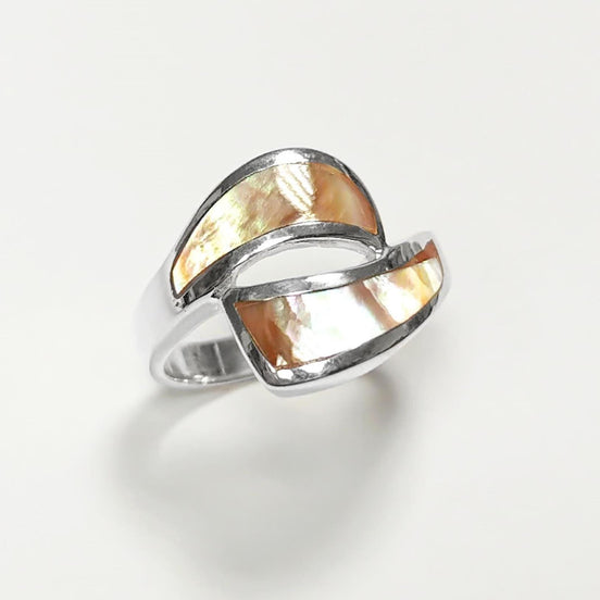 Comma Ring, Sterling Silver, GENUINE Brown Paua Shell, Bypass Popular Dainty Ring, Copper Rainbow Highlights, Geometric Jewelry