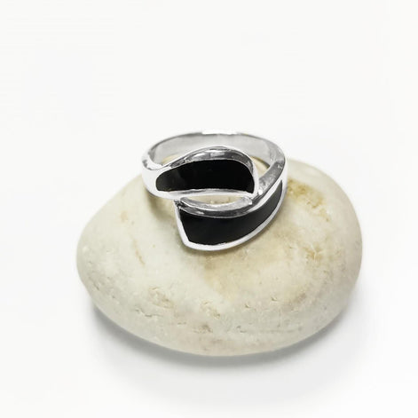 Black Waves Ring, Sterling Silver, Black Onyx Stone Jewelry, Modern Geometric Bypass Curved Comma Wave Design, Inlay Stones