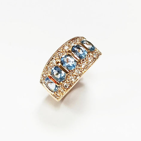 Blue CZ Stones 18K Gold-Plated, Aquamarine Gold Band Ring, Elegant March Birthstone Jewelry, Cocktail Ring, Gift for Her, Vintage Ring