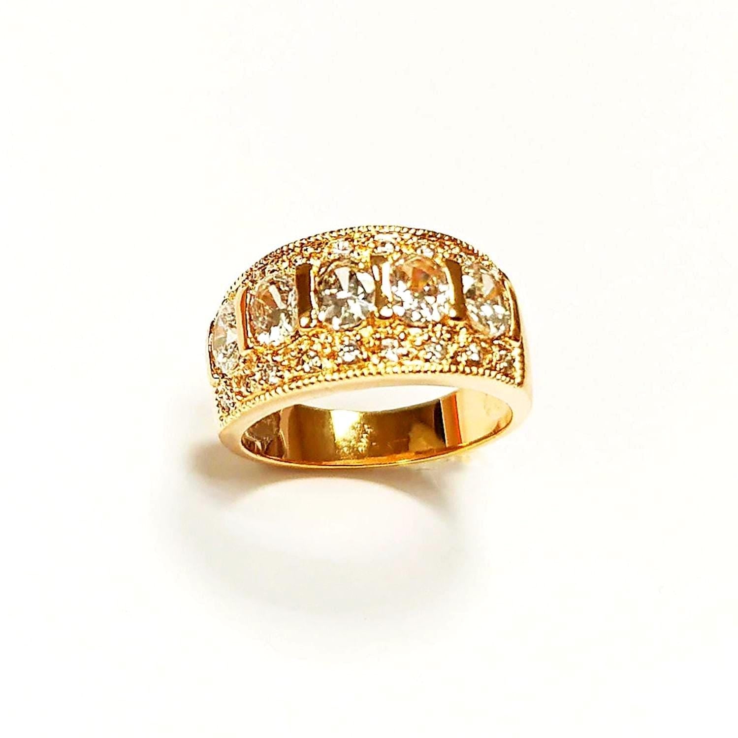 Diamond Gold Band Ring, Elegant 18K Gold-Plated White Diamond CZ Stones, April Birthstone Jewelry, Statement Cocktail Wedding, Birthday Gift