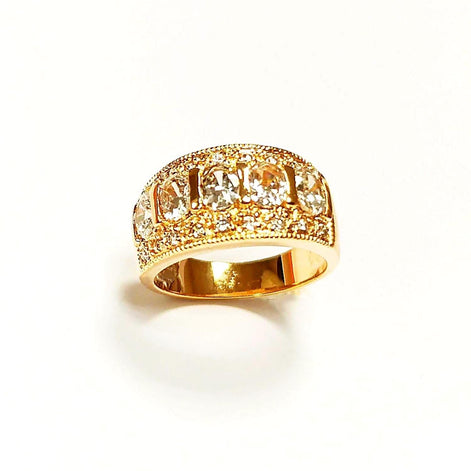 Diamond Gold Band Ring, Elegant 18K Gold-Plated White Diamond CZ Stones, April Birthstone Jewelry, Statement Cocktail Wedding, Birthday Gift