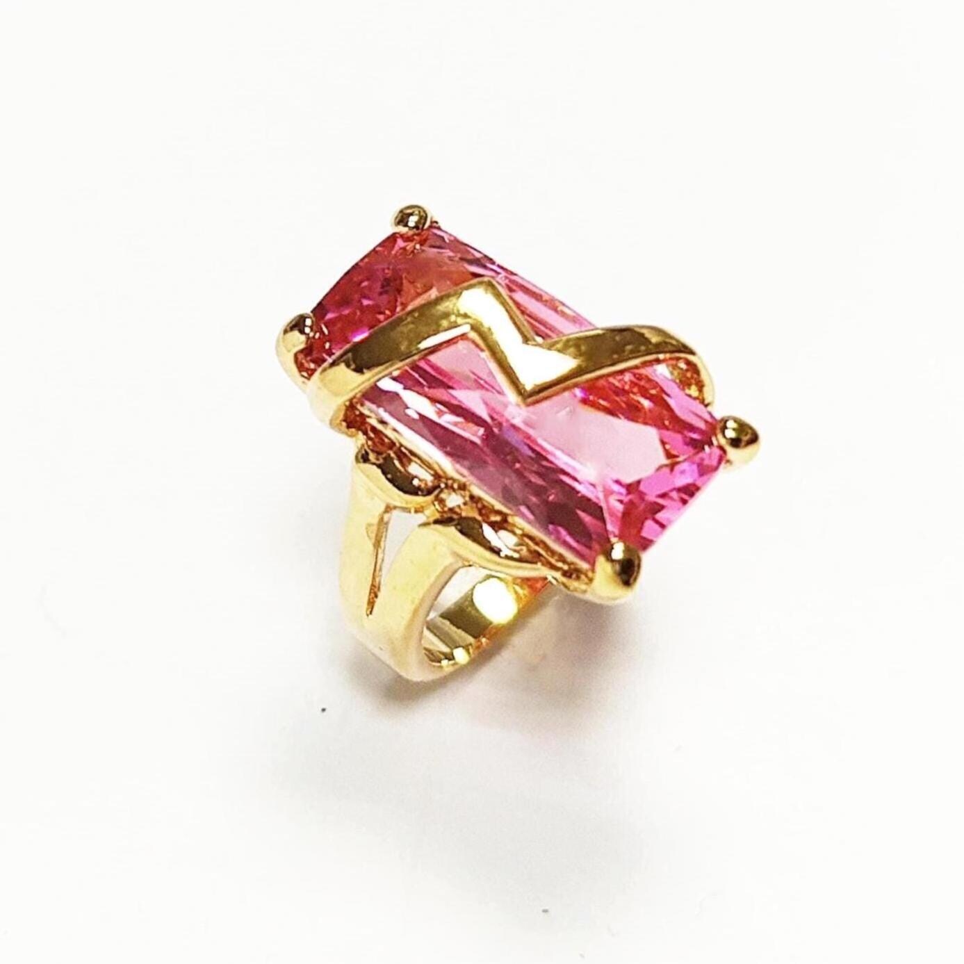 Pink Statement Ring • 18K Gold Plated • Modern Baguette Cut Cz Stone • Elegant Cocktail Jewelry with Chevron Accent • Ideal Gift for Women.