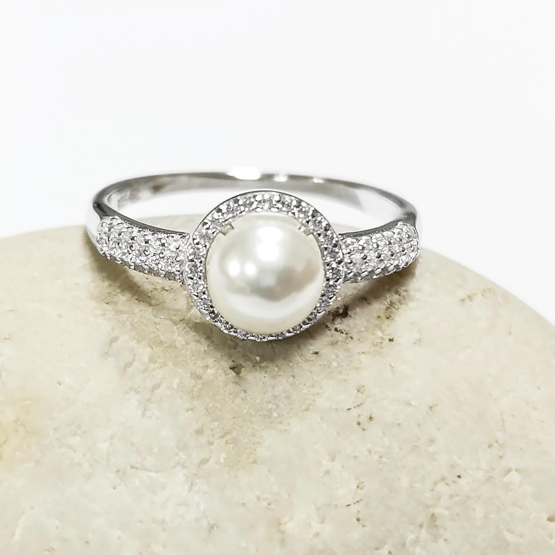 Halo Pearl Ring, Sterling Silver 925, Zirconia Accents
