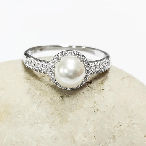 Halo Pearl Ring, Sterling Silver 925, Zirconia Accents