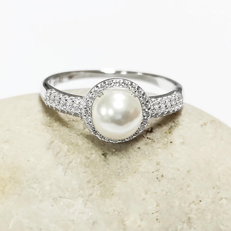 Halo Pearl Ring, Sterling Silver 925, Zirconia Accents