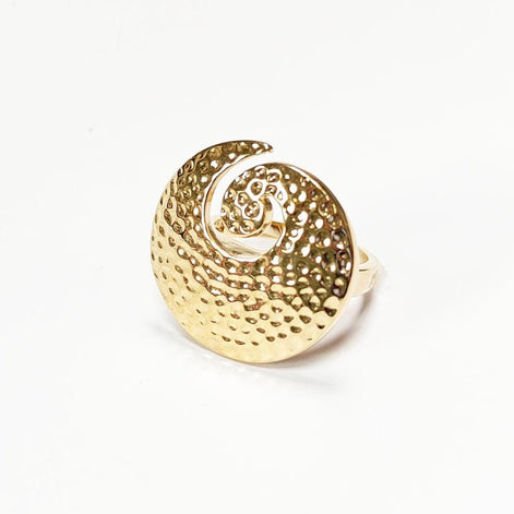 18K Gold Plated Ring • Hammered Big Disc Ring, Spiral Swirl Design, Fashion Jewelry for Women