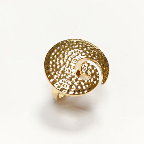 18K Gold Plated Ring • Hammered Big Disc Ring, Spiral Swirl Design, Fashion Jewelry for Women