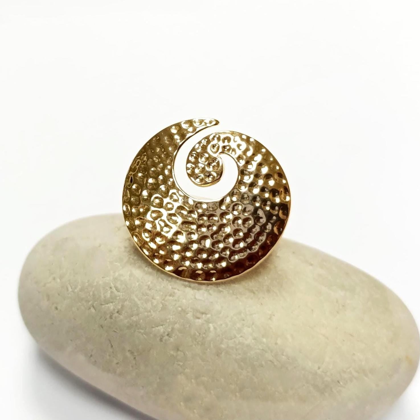 18K Gold Plated Ring • Hammered Big Disc Ring, Spiral Swirl Design, Fashion Jewelry for Women