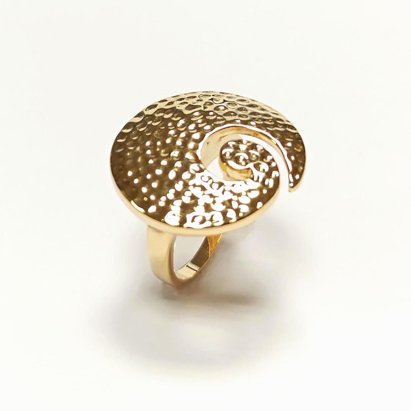 18K Gold Plated Ring • Hammered Big Disc Ring, Spiral Swirl Design, Fashion Jewelry for Women