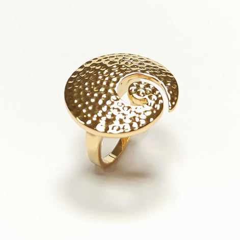 18K Gold Plated Ring • Hammered Big Disc Ring, Spiral Swirl Design, Fashion Jewelry for Women