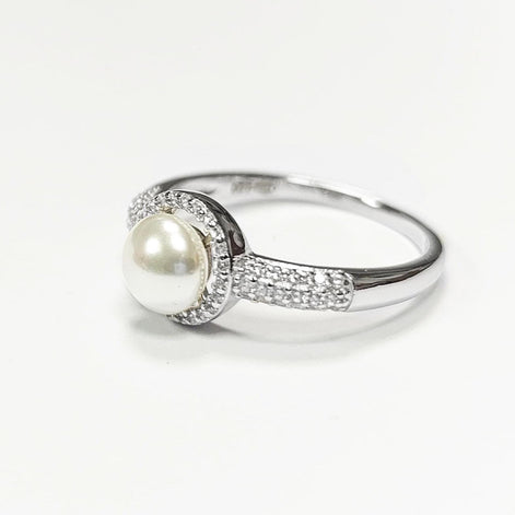 Halo Pearl Ring, Sterling Silver 925, Zirconia Accents