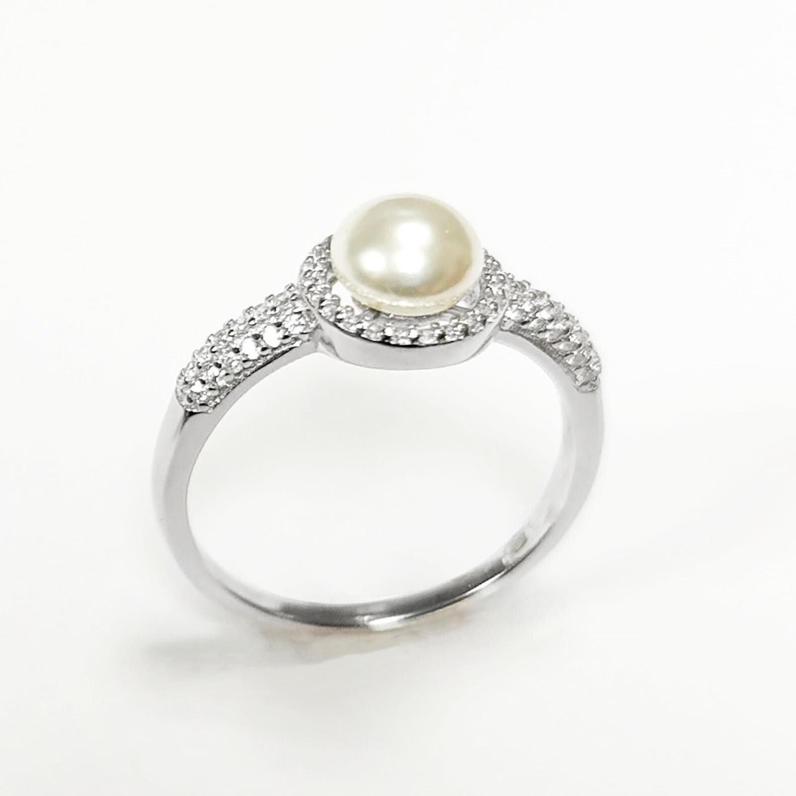 Halo Pearl Ring, Sterling Silver 925, Zirconia Accents