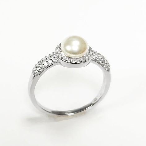 Halo Pearl Ring, Sterling Silver 925, Zirconia Accents
