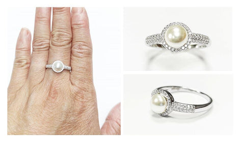 Halo Pearl Ring, Sterling Silver 925, Zirconia Accents