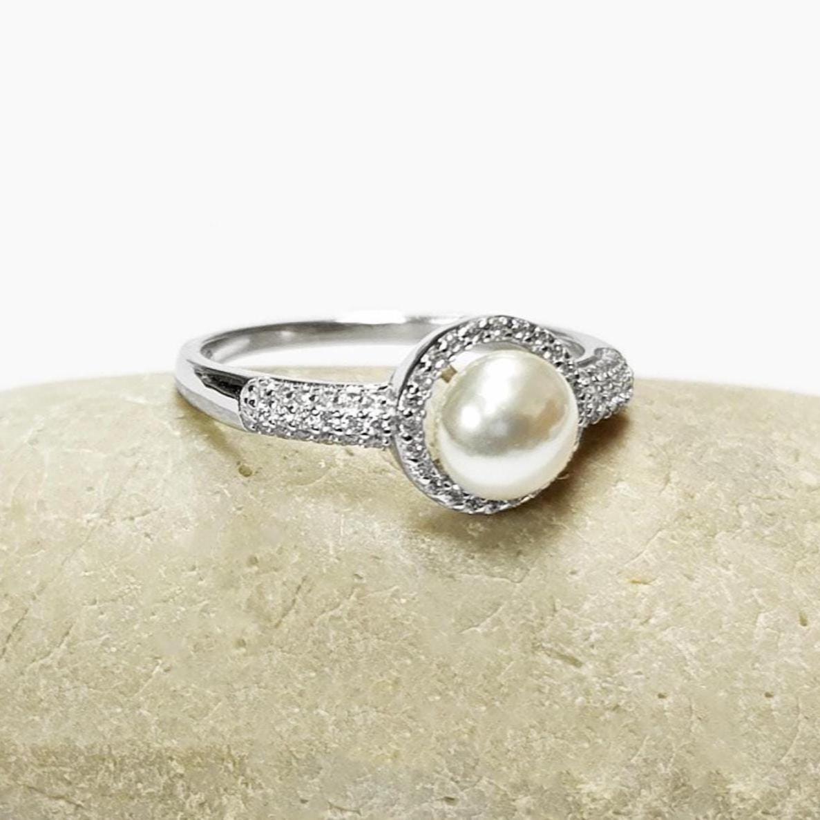 Halo Pearl Ring, Sterling Silver 925, Zirconia Accents