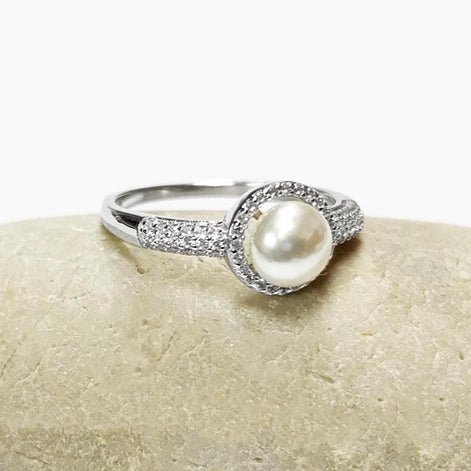 Halo Pearl Ring, Sterling Silver 925, Zirconia Accents