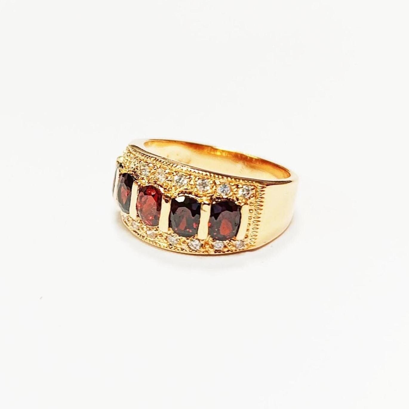 Garnet Gold Band Ring, Elegant 18K Gold-Plated Red CZ January Birthstone Jewelry, Luxurious Statement Cocktail Wedding, Birthday Gift