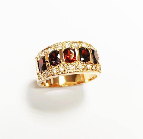 Garnet Gold Band Ring, Elegant 18K Gold-Plated Red CZ January Birthstone Jewelry, Luxurious Statement Cocktail Wedding, Birthday Gift