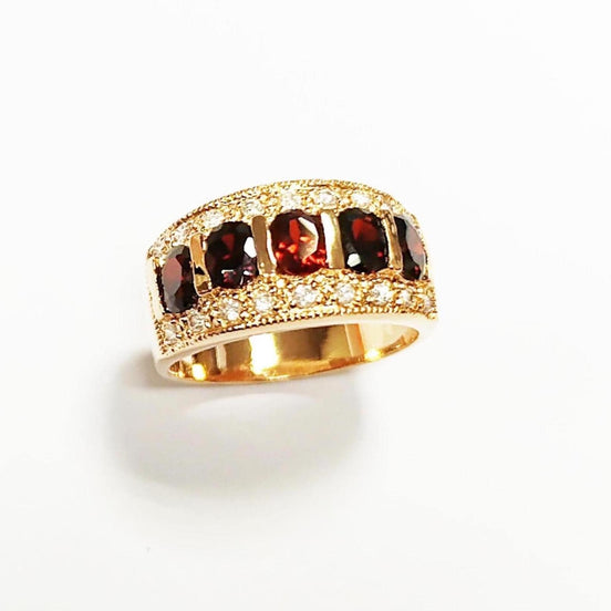 Garnet Gold Band Ring, Elegant 18K Gold-Plated Red CZ January Birthstone Jewelry, Luxurious Statement Cocktail Wedding, Birthday Gift