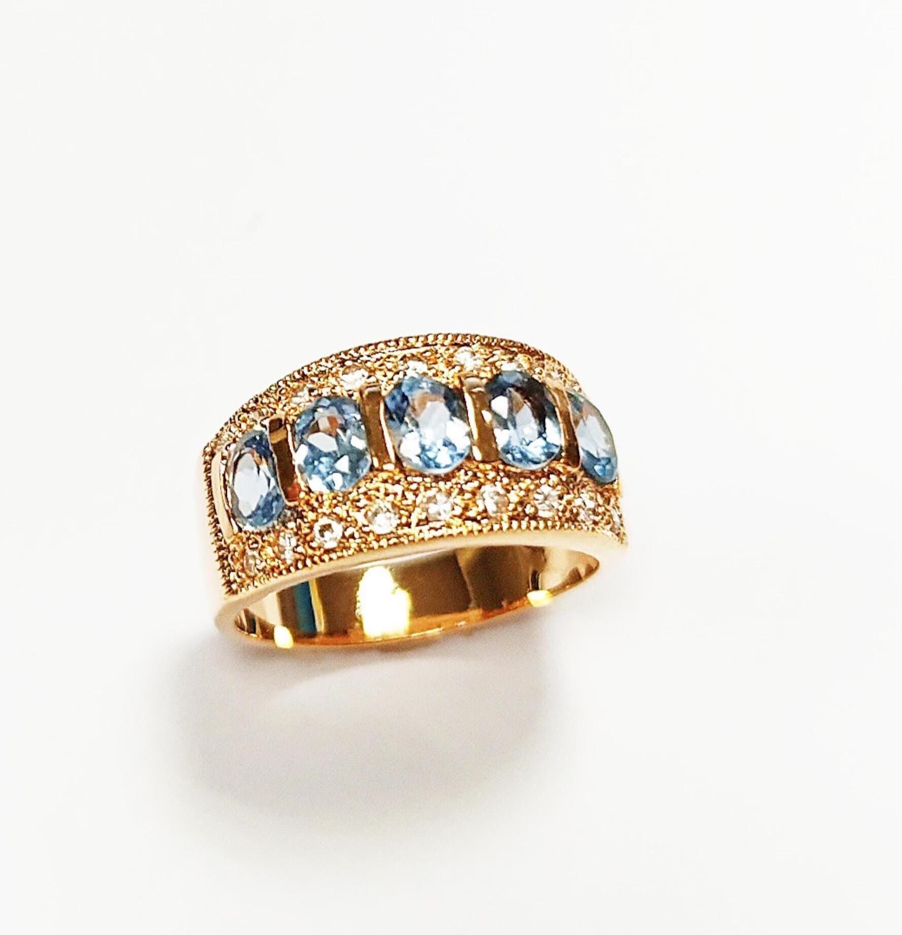 Blue CZ Stones 18K Gold-Plated, Aquamarine Gold Band Ring, Elegant March Birthstone Jewelry, Cocktail Ring, Gift for Her, Vintage Ring