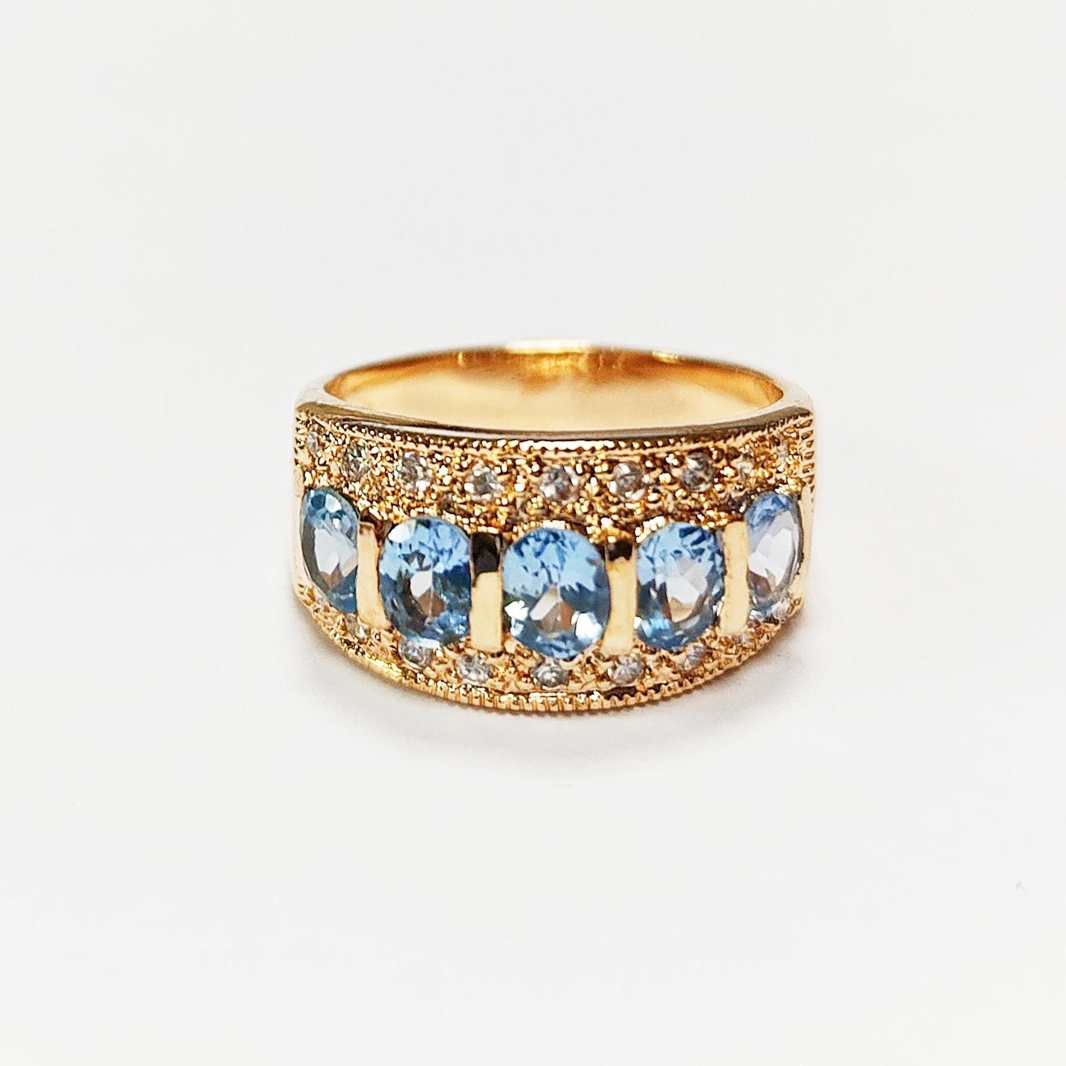 Blue CZ Stones 18K Gold-Plated, Aquamarine Gold Band Ring, Elegant March Birthstone Jewelry, Cocktail Ring, Gift for Her, Vintage Ring