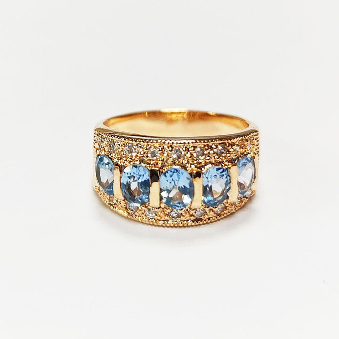 Blue CZ Stones 18K Gold-Plated, Aquamarine Gold Band Ring, Elegant March Birthstone Jewelry, Cocktail Ring, Gift for Her, Vintage Ring