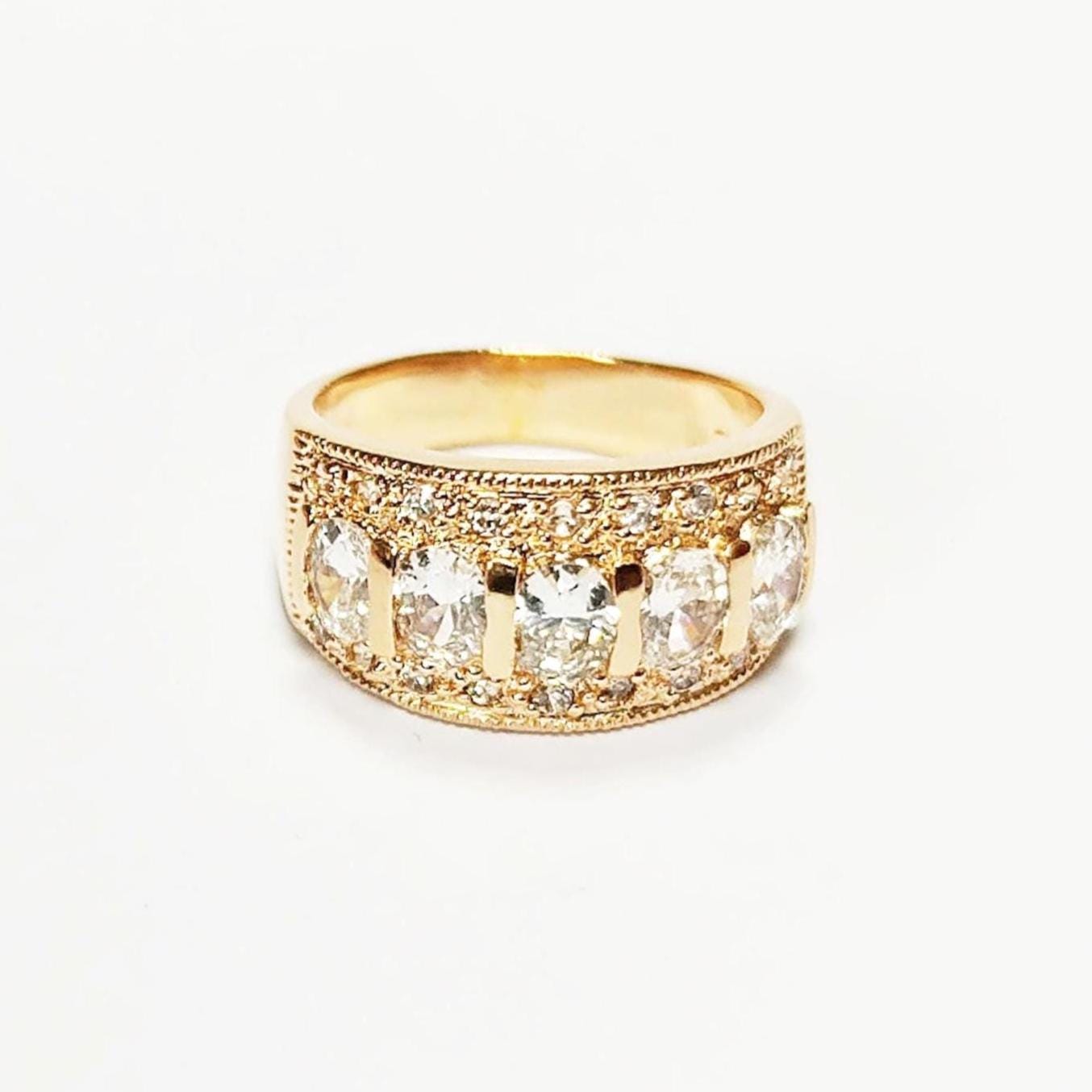 Diamond Gold Band Ring, Elegant 18K Gold-Plated White Diamond CZ Stones, April Birthstone Jewelry, Statement Cocktail Wedding, Birthday Gift
