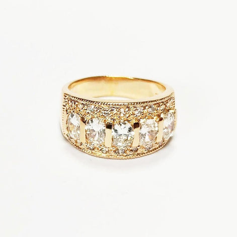 Diamond Gold Band Ring, Elegant 18K Gold-Plated White Diamond CZ Stones, April Birthstone Jewelry, Statement Cocktail Wedding, Birthday Gift