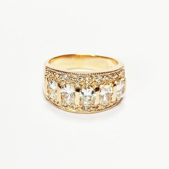 Diamond Gold Band Ring, Elegant 18K Gold-Plated White Diamond CZ Stones, April Birthstone Jewelry, Statement Cocktail Wedding, Birthday Gift