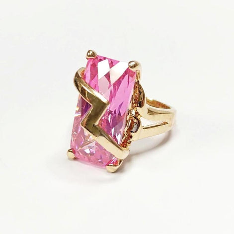 Pink Statement Ring • 18K Gold Plated • Modern Baguette Cut Cz Stone • Elegant Cocktail Jewelry with Chevron Accent • Ideal Gift for Women.
