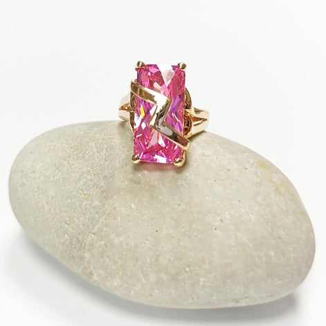 Pink Statement Ring • 18K Gold Plated • Modern Baguette Cut Cz Stone • Elegant Cocktail Jewelry with Chevron Accent • Ideal Gift for Women.