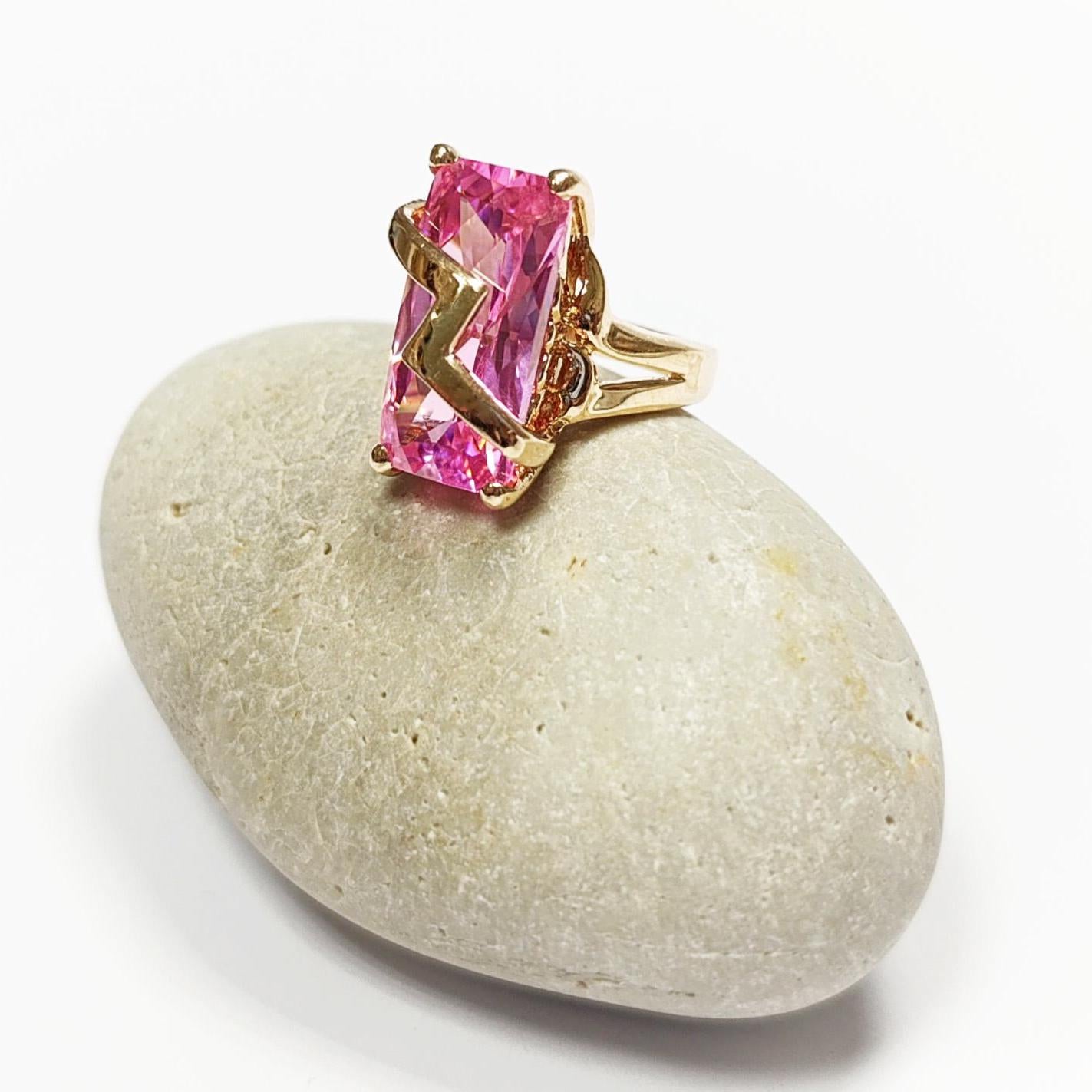 Pink Statement Ring • 18K Gold Plated • Modern Baguette Cut Cz Stone • Elegant Cocktail Jewelry with Chevron Accent • Ideal Gift for Women.