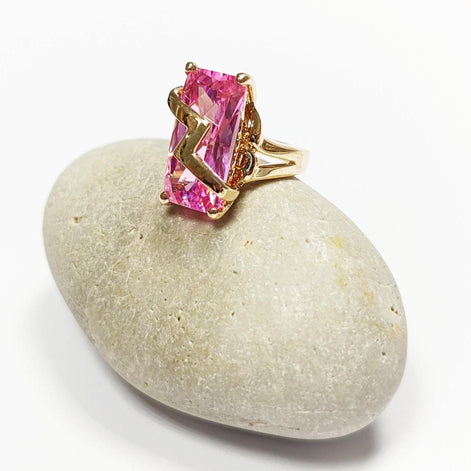 Pink Statement Ring • 18K Gold Plated • Modern Baguette Cut Cz Stone • Elegant Cocktail Jewelry with Chevron Accent • Ideal Gift for Women.