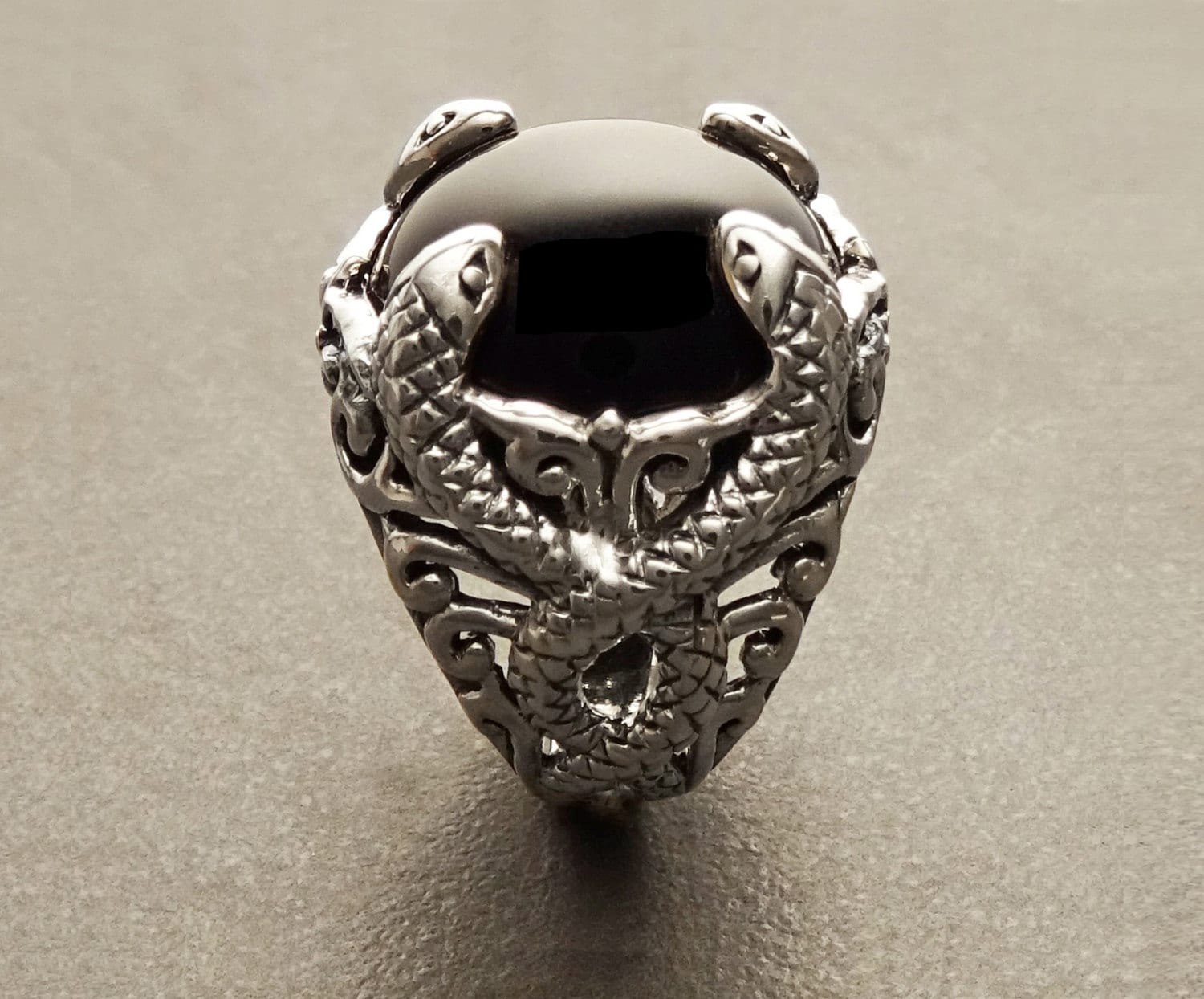Snake Ring, Sterling Silver, Black Stone, Onyx Gemstone, swirling coiling snakes pattern, Gothic Design Ring