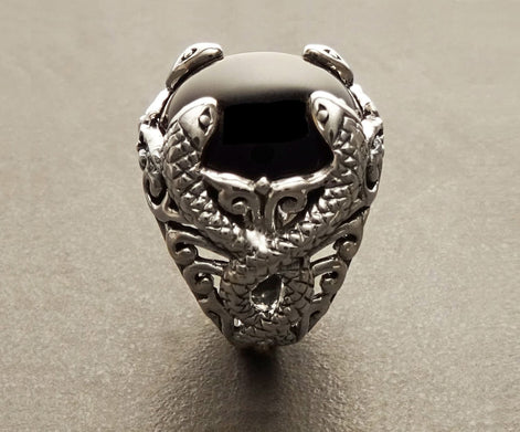 Snake Ring, Sterling Silver, Black Stone, Onyx Gemstone, swirling coiling snakes pattern, Gothic Design Ring