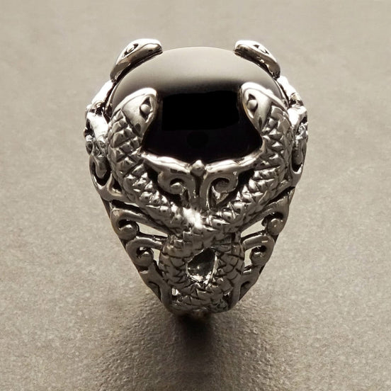 Snake Ring, Sterling Silver, Black Stone, Onyx Gemstone, swirling coiling snakes pattern, Gothic Design Ring