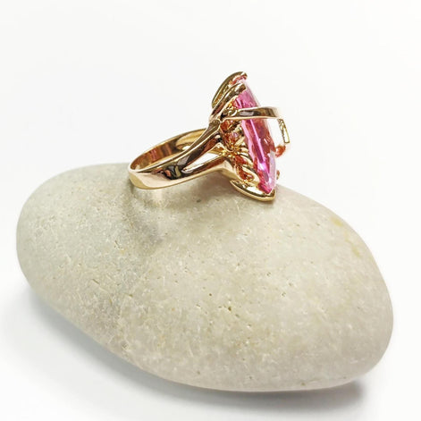 Pink Statement Ring • 18K Gold Plated • Modern Baguette Cut Cz Stone • Elegant Cocktail Jewelry with Chevron Accent • Ideal Gift for Women.