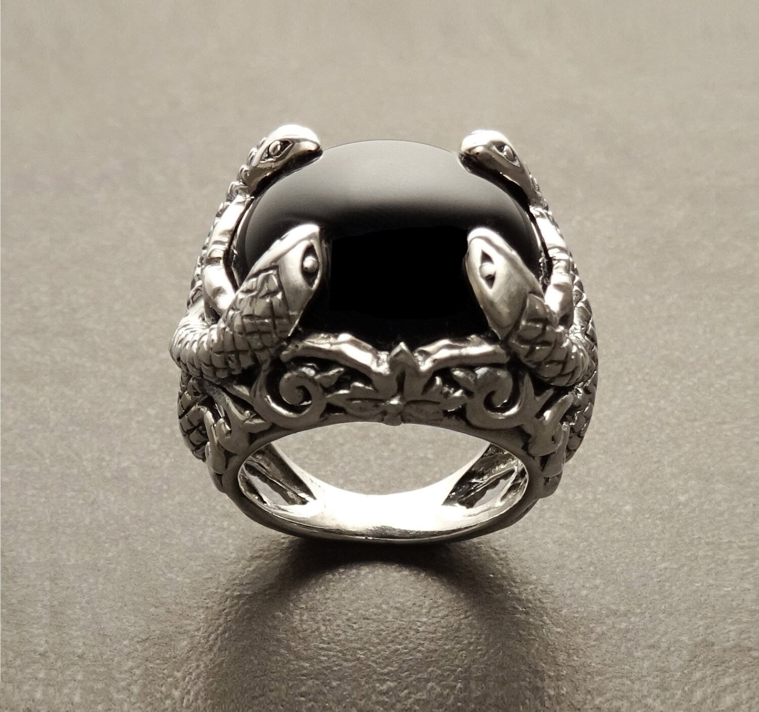 Snake Ring, Sterling Silver, Black Stone, Onyx Gemstone, swirling coiling snakes pattern, Gothic Design Ring