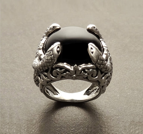 Snake Ring, Sterling Silver, Black Stone, Onyx Gemstone, swirling coiling snakes pattern, Gothic Design Ring