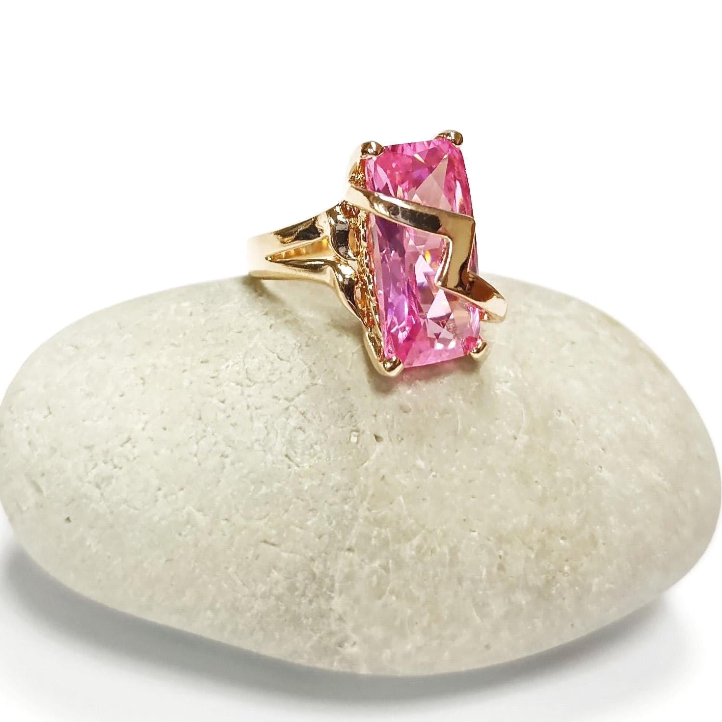 Pink Statement Ring • 18K Gold Plated • Modern Baguette Cut Cz Stone • Elegant Cocktail Jewelry with Chevron Accent • Ideal Gift for Women.