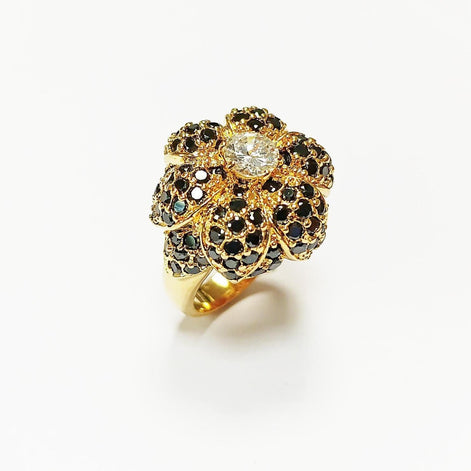 18K Gold Plated Ring • Black & White Rose Flower • Statement Glam Floral Design Stones Jewelry • Elegant Cocktail Ring, Amazing Vintage Ring
