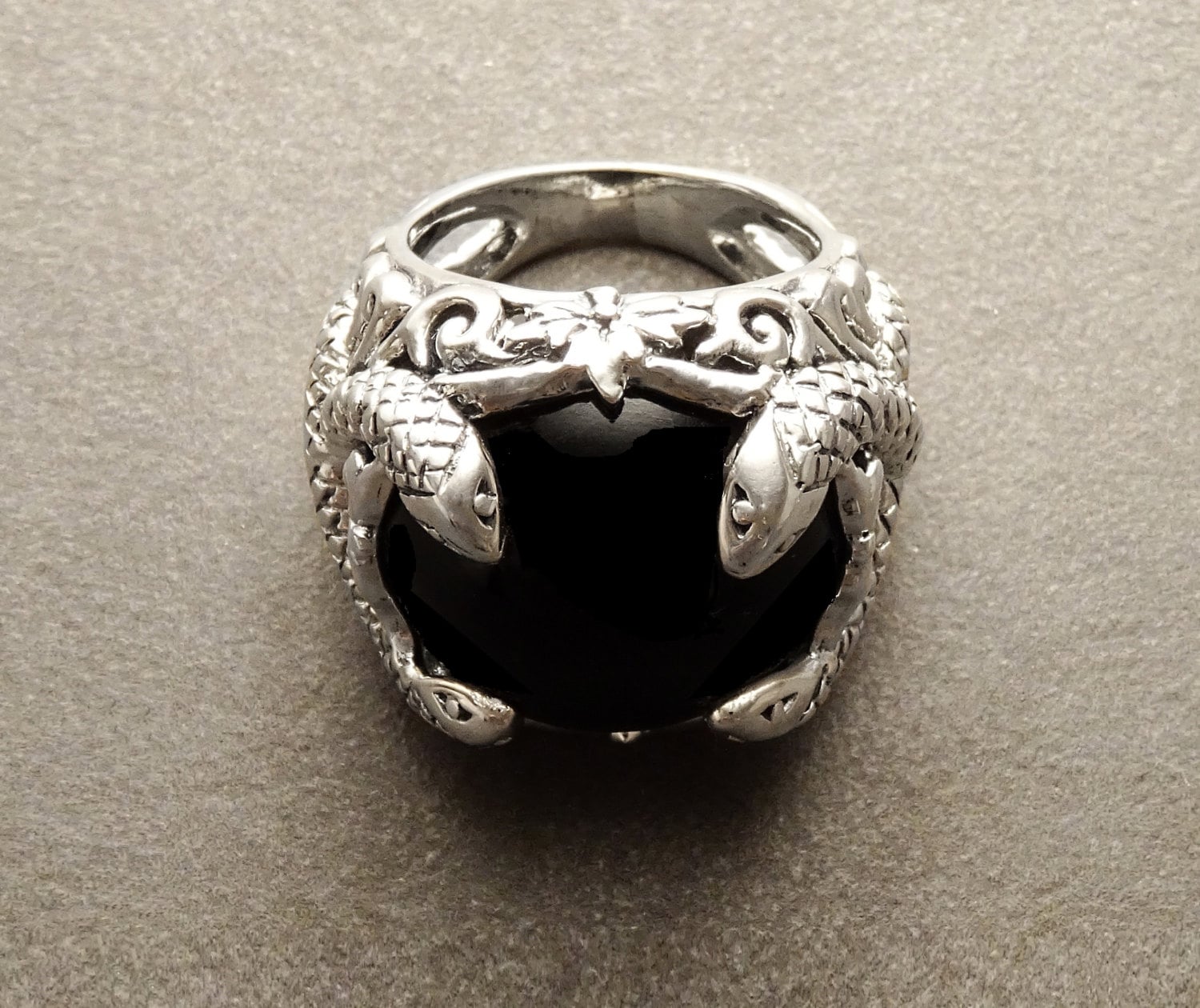 Snake Ring, Sterling Silver, Black Stone, Onyx Gemstone, swirling coiling snakes pattern, Gothic Design Ring