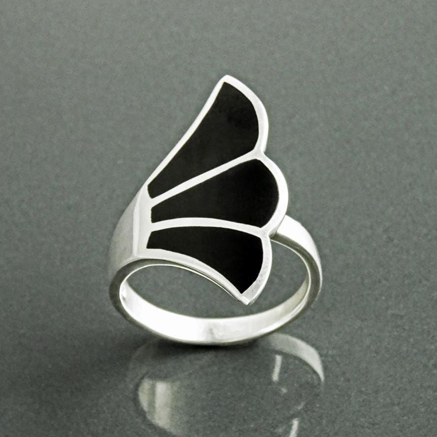 Art Nouveau Sterling Silver Ring, Black Onyx Fanned Wave Band, Designer Jewelry