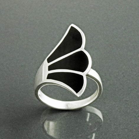 Art Nouveau Sterling Silver Ring, Black Onyx Fanned Wave Band, Designer Jewelry