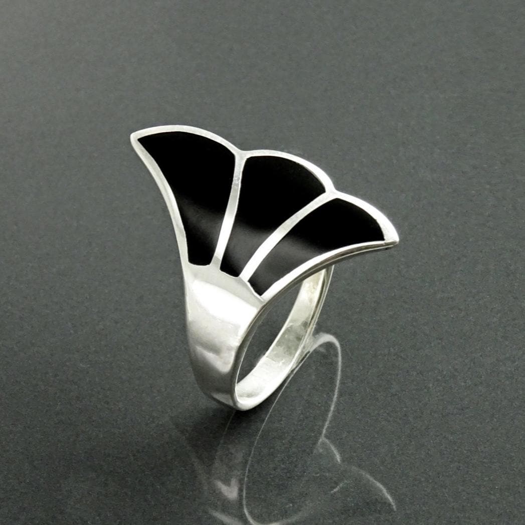 Art Nouveau Sterling Silver Ring, Black Onyx Fanned Wave Band, Designer Jewelry