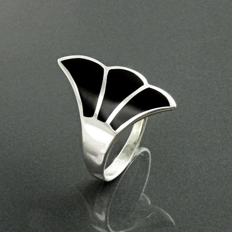 Art Nouveau Sterling Silver Ring, Black Onyx Fanned Wave Band, Designer Jewelry