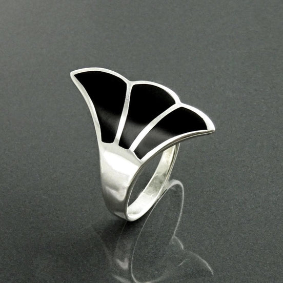 Art Nouveau Sterling Silver Ring, Black Onyx Fanned Wave Band, Designer Jewelry