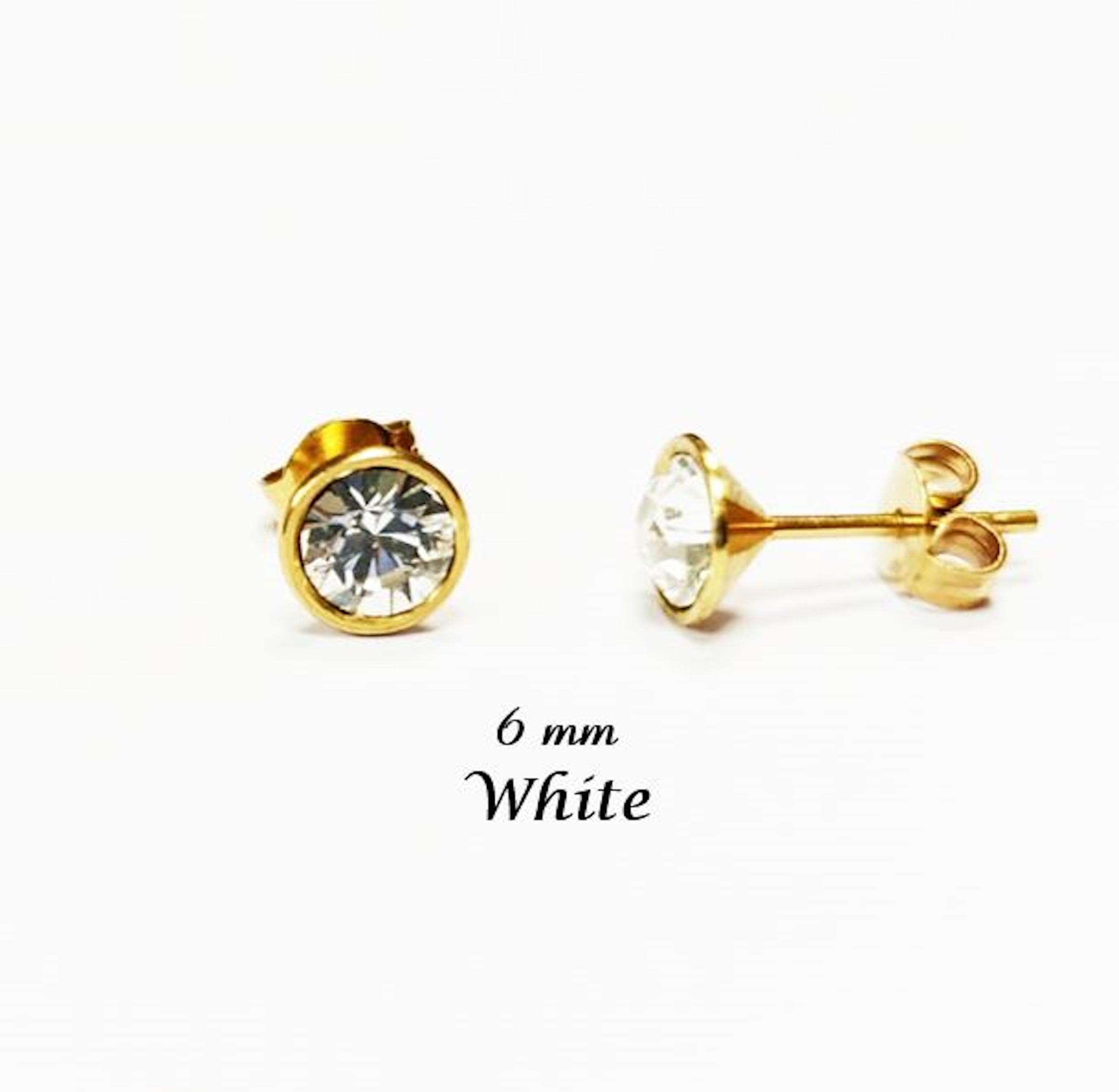 White Stone Stud Earrings • 18K Gold-Plated with Elegant Iridescent or Diamond White Cz 6mm Stone • Everyday Jewelry • Minimalist Studs