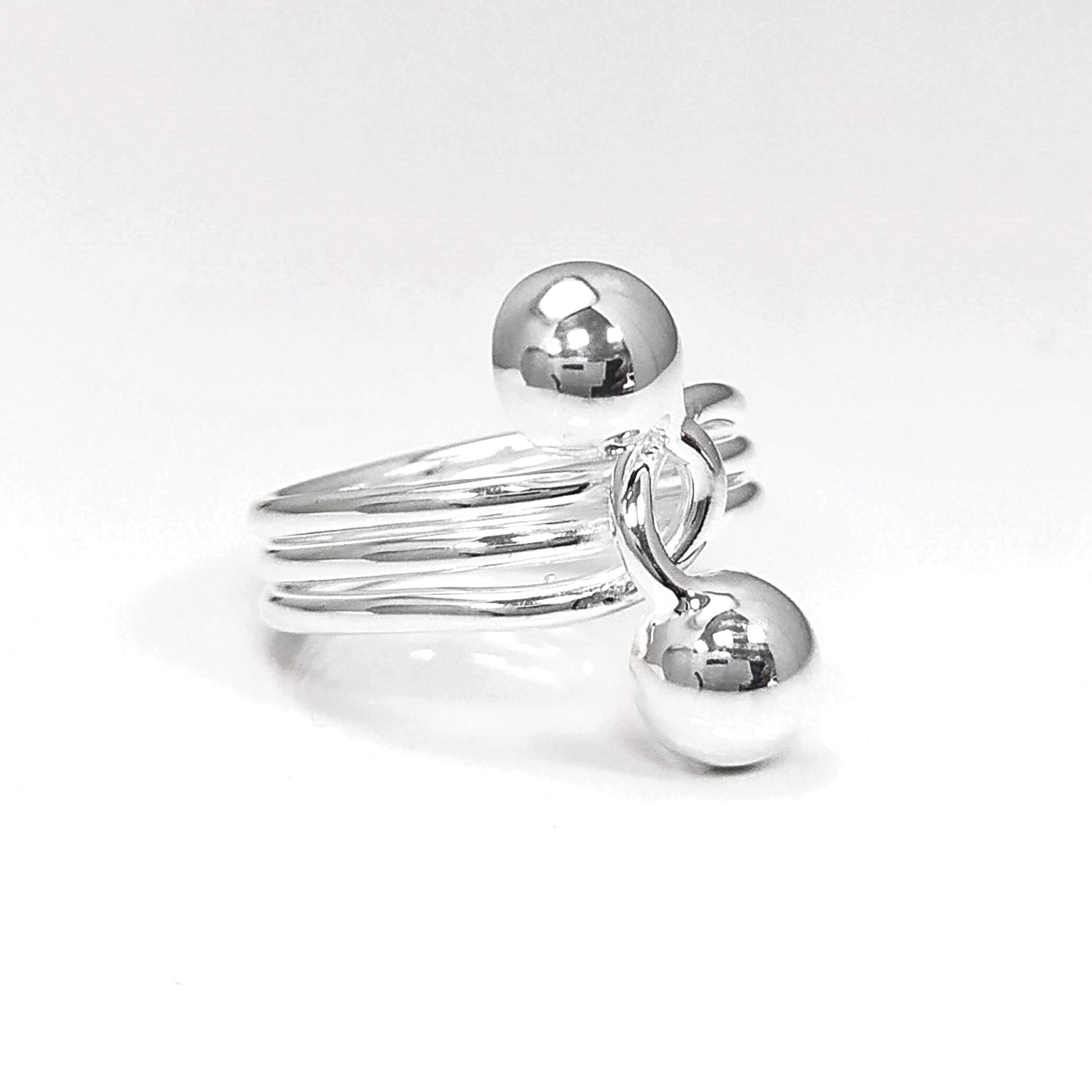 Ball Ring, Sterling Silver, Bypass Half Ring, Cross Balls Crossing Spiral Coiled Ring, Modern Minimalist Geometric Round Designed Jewelry